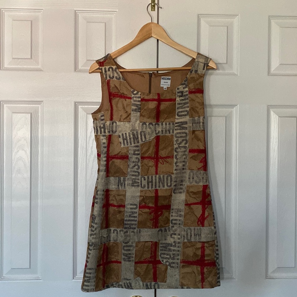 Moschino limited edition logo-patterned tan sleeveless dress, size 42,
